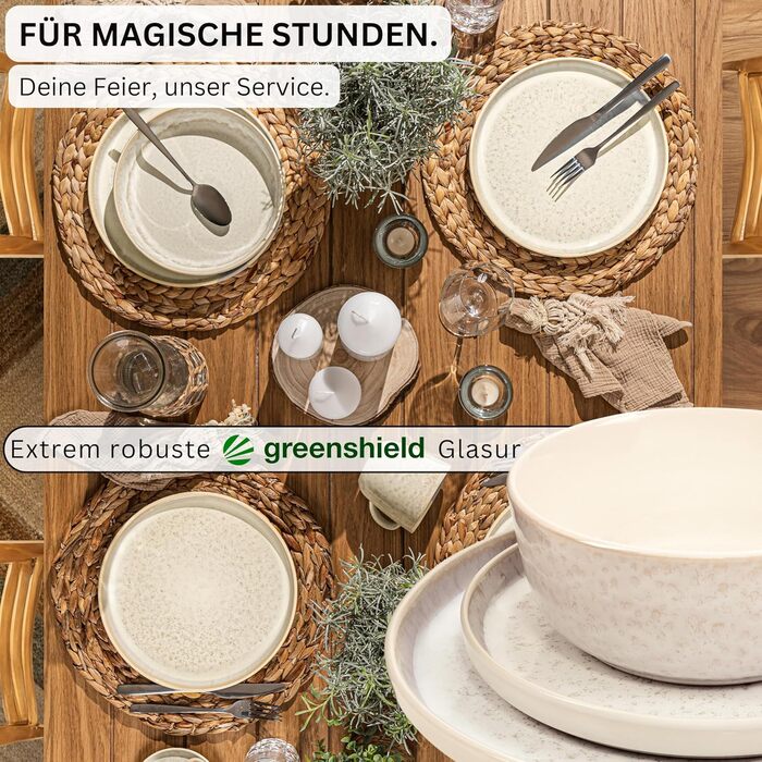 Набір посуду SÄNGER Key West 24 елементи: тарілки для 6 осіб, тарілки для сніданку, десертні тарілки, тарілки для пасти, сервіз кремових кольорів з пісочною текстурою