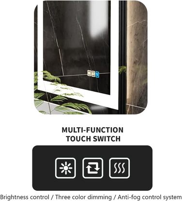 Дзеркало для ванної кімнати Luminorcrest з підсвічуванням, прямокутне 60 x 80 см, LED, 3 кольори, диммування, сенсорне управління, антизапар, CRI90+, загартоване скло, бокове та заднє підсвічування