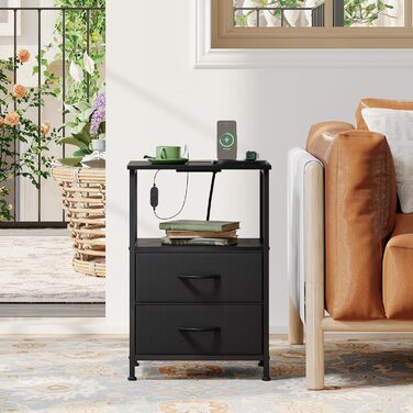 Нічний столик Somdot з підзарядкою, LED, розеткою (USB, Type-C) для спальні, вітальні, дитячої кімнати, чорного кольору, 30x40x60 см (2 висувні ящики)