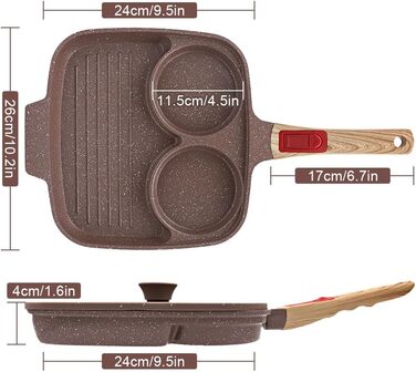 Сковорода для смажених яєць RANXINGST 3 отвори, антипригарне покриття 26 см, знімна ручка, сніданок - коричневий