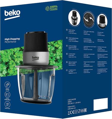 Подрібнювач Beko CHG81442BX, 400 Вт, 2 леза з нержавіючої сталі, скляна чаша 1000 мл, 2-швидкісна робота, нековзна основа, чорний, нержавіюча сталь/чорний