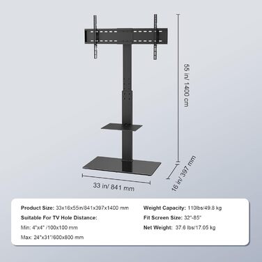 Стійка для телевізора VEVOR поворотна підлогова 32-85 дюймів, регульована по висоті, з міцною скляною основою, чорна