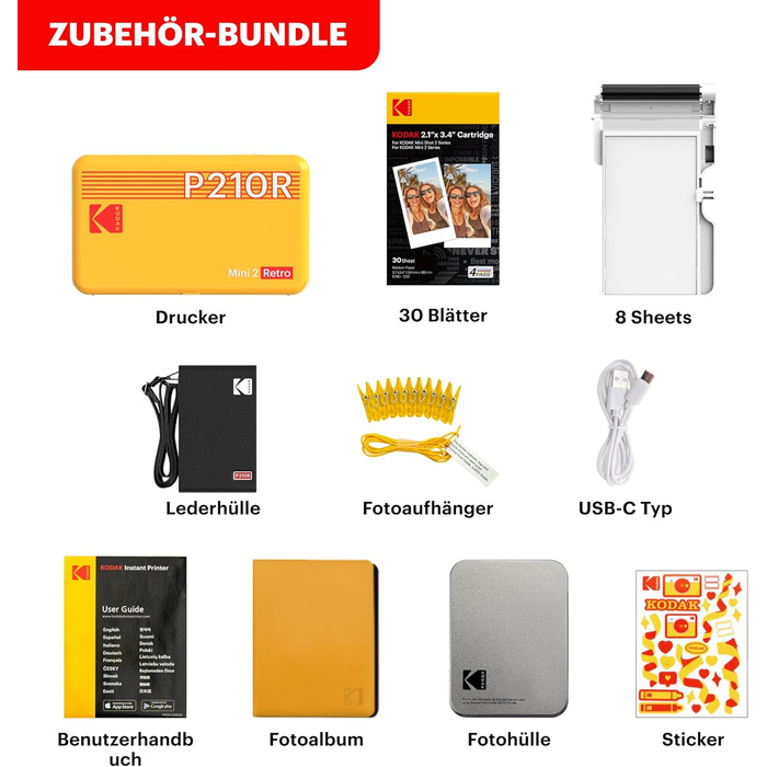 KODAK P210 Mini 2 Retro: Портативний кольоровий фотопринтер, Bluetooth, 54x86 мм, Ламінування, Комплект картриджів та аксесуарів