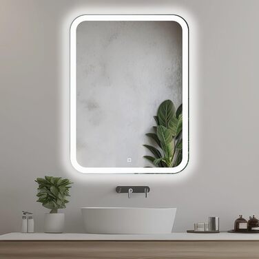 Дзеркало для ванної кімнати LED 50x70 см з підсвічуванням та сенсорним вимикачем, округлені кути, прямокутна форма