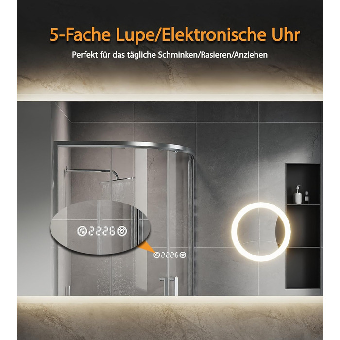 Дзеркало для ванної кімнати зі підсвічуванням SVNR, 70 x 50 см, LED, з 4 мм дзеркалом без вмісту міді, подвійне сенсорне керування, антизапарник, регулювання кольору світла (3000K-6400K), Smart-дзеркало з лупою 5x та розеткою для гоління