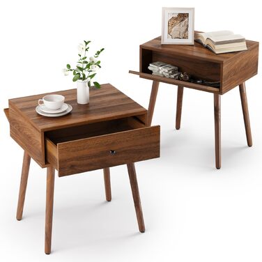 Набір з 2 тумбочок LUE BONA: сучасні приліжкові столики з прихованими ящиками та ніжками з дерева, горіх, для спальні та вітальні
