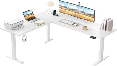 Електричний кутовий стіл Klicelor з регулюванням висоти, 190 x 155 см. 3 функції пам'яті, антиколізійна технологія, ергономічний комп'ютерний стіл, білий