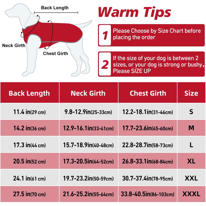 Зимова тепла куртка для собак, вітрозахисна куртка для собак для великих собак, Одяг для домашніх тварин на липучці, М'який жилет для домашніх тварин, Одяг для собак в холодну погоду, Червоний XXL XXL (обхват грудей 78-95 см, спинка 61 см) червоний