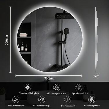 LED-дзеркало для ванної кімнати з підсвічуванням, кругле, 50 см, сенсорне управління, регулювання яскравості, функція пам'яті, HD скло, захист від вибуху, 3 кольори світла, 70x70 см