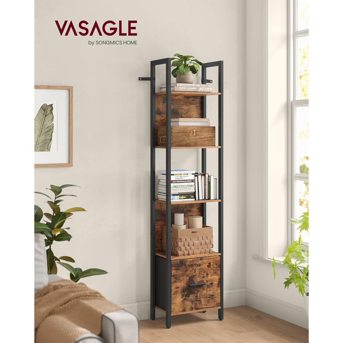 Стелаж VASAGLE з 5 полицями, кутовий, з шухлядою, промисловий дизайн, сталевий каркас, для вітальні, офісу, спальні, 24 x 40 x 165 см, вінтажний коричнево-чорний, LLS146B01 40B cm