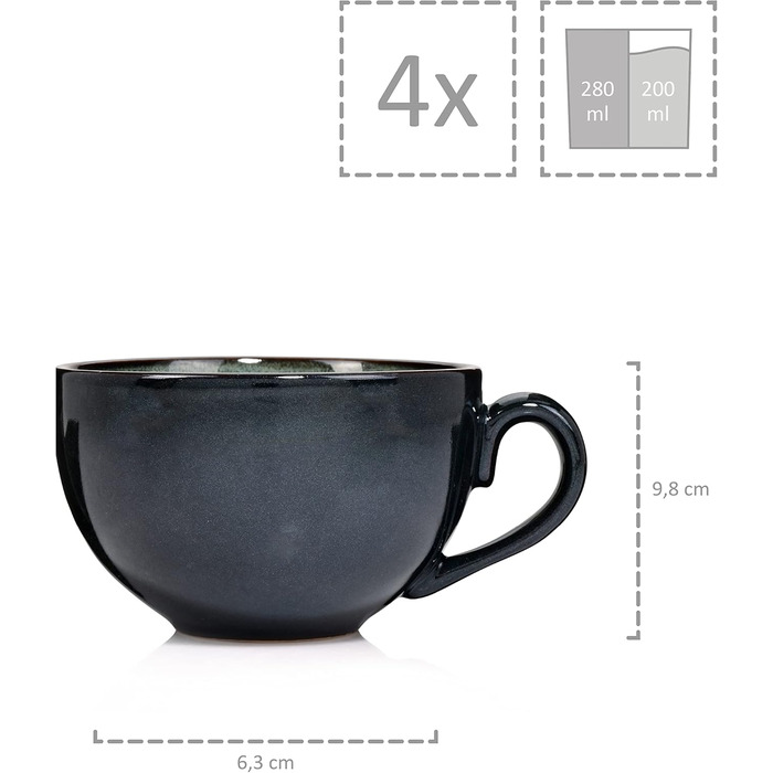 Набір кавових чашок SÄNGER Kopenhagen 8 шт., кавовий сервіз на 4 особи, набір чашок та блюдець, стійкий до миття в посудомийній машині, чашки та блюдця з порцеляни сірого кольору з зеленою внутрішньою стінкою, об'єм 200 мл, PREMIUM COLLECTION