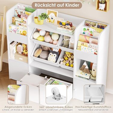 FOREHILL Дитяча полиця для іграшок та книжок, меблі для дитячої кімнати, полиця для дитячої з 2 ящиками на колесах, шафка для дитячих речей з 4 ящиками, 126x30x104 см (Білий/Рожевий)