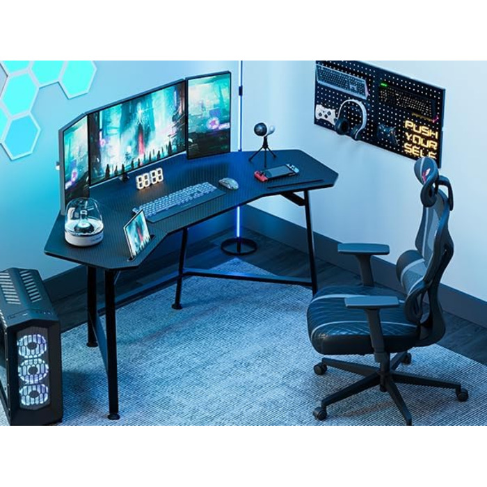 Ігровий стіл EUREKA ERGONOMIC 160x74 см - великий стіл у формі крила для ігор, ПК, дому, офісу, стрімінгу. 2 слоти для iPad. Чорний.