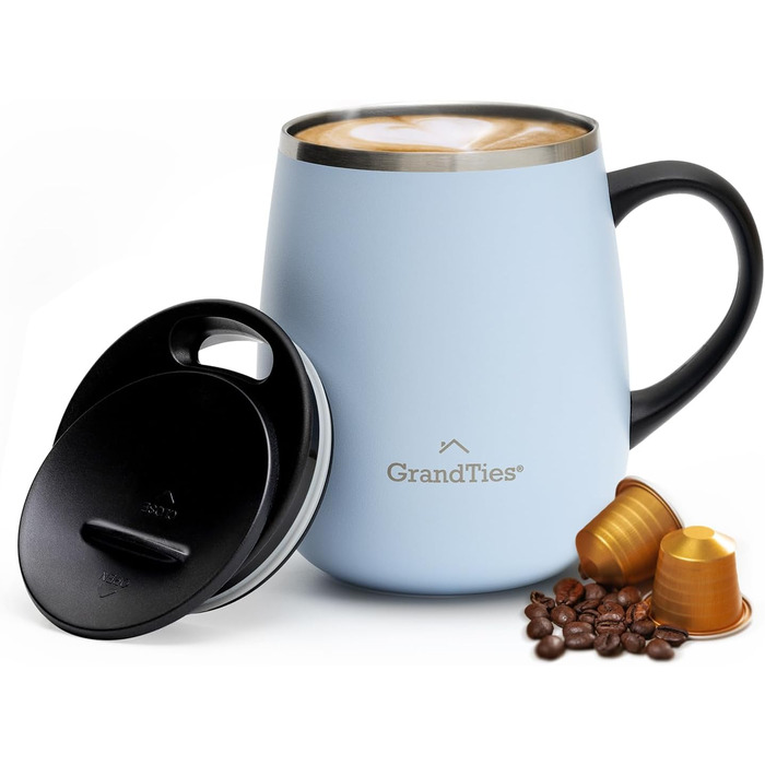 Термокружка Grandties з кришкою-ковзанням - 480 мл, з подвійних стінок з нержавіючої сталі, для гарячих та холодних напоїв | Зручний дизайн з ручкою, захист від розливання