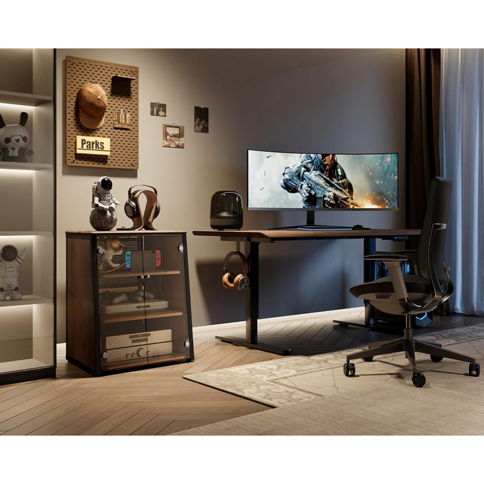 FITUEYES СТЕЛЖ-стійка HiFi з дверцятами з скла, стіл для програвачів, регульовані полиці для аудіообладнання (66 x 65 x 81 см)