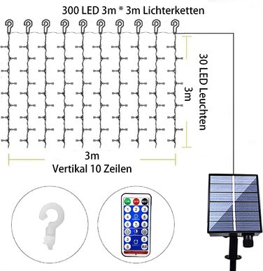 Гірлянда на сонячних батареях, FANSIR 3 X 3 м, 300 світлодіодних гірлянд, завіса з 8 режимами дистанційного керування, водонепроникні гірлянди на сонячних батареях