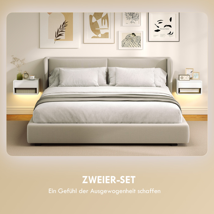 Набір з двох приліжних тумбочок з RGB-підсвіткою, приліжкові тумбочки з плавною конструкцією з висувним ящиком та відкритою полицею, білий