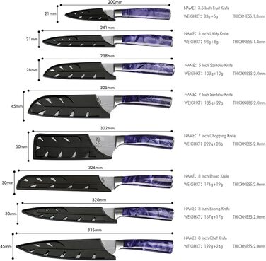 Японський набір ножів FULLHI 15 предметів з магнітним підставкою, леза з японської сталі, ергономічні ручки з смоли для професійної та домашньої кухні (фіолетовий, 14 ножів)