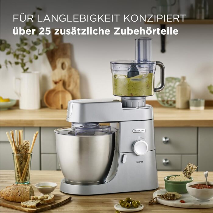 Кухонний комбайн Kenwood Chef XL KVL4100S з великою чашею 6.7 л з нержавіючої сталі, 1200 Вт, набір для випічки, срібний