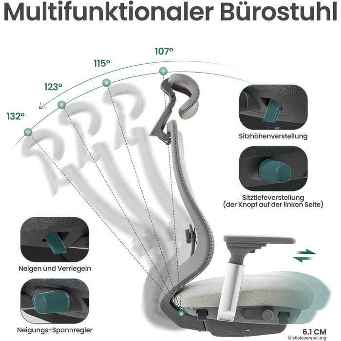 Офісний крісло Colamy XK Atlas з ергономічним дизайном, сітчаста спинка, регульована підголівник, поворотний крісло для комп'ютера з 4D підлокітниками, алюмінієва база, регульоване сидіння, фіксація нахилу, темно-сірий колір