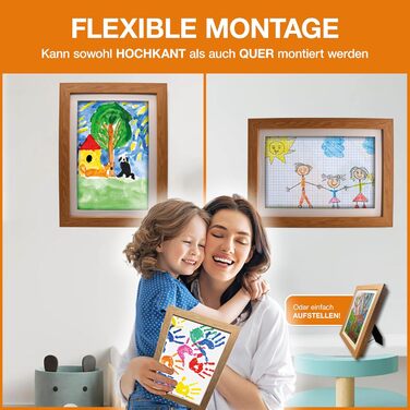 BALA® Преміум рамки для фотографій - 2 шт. A4, для дитячих малюнків, з фронтальною відкриваністю та кріпленням для підвішування/ставлення, 120+ фото, дерево