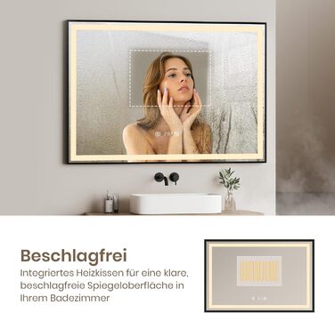 Дзеркало для ванної кімнати EMKE з підсвічуванням 70x50 см, чорне, сенсорне, з регулюванням яскравості, проти запотівання, годинник, функція пам'яті та нейтральне світло 4300K, енергозберігаюче, IP44