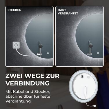 Дзеркало для ванної кімнати BR Bringer LED, діаметр 80 см, з підсвічуванням, протизапітнінням, регулюванням яскравості, енергозбереженням, 3 кольори світла, сенсорне керування та функція пам'яті (BRRS201)