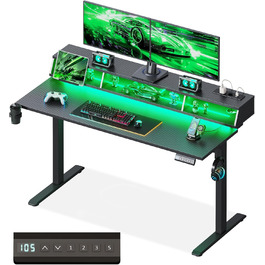 Офісний стіл для геймінгу OffiGo, 140 см, регульована висота, RGB LED, розетки, 3 полиці, тримач для напоїв та навушників, стільниця з карбону, білий (чорний)