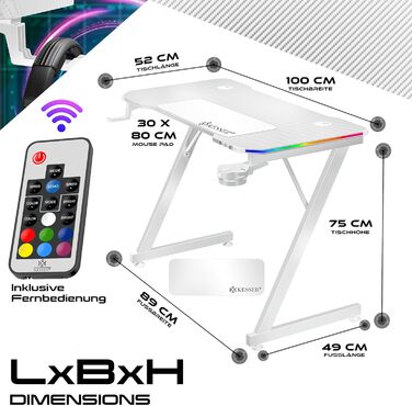 Ігровий стіл KESSER® LED 100x60 см | З-подібний стіл для геймерів | Кріплення для навушників, вуглецеве покриття | Ергономічний стіл для ПК | Стабільний стіл з тримачем для напоїв, білий