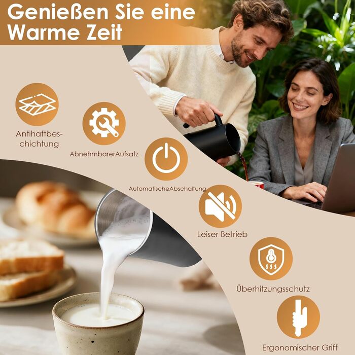 Електричний пінощікач для молока 400W, 350мл, нержавіюча сталь, 4 режими, для капучино, лате, макіато, гарячого шоколаду, для дому, офісу, як подарунок