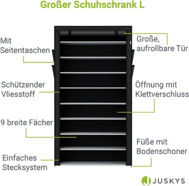 Тумба для взуття Juskys L 9 рівнів, закрита полиця для взуття на 45 пар, тканинне водовідштовхувальне покриття, тканинна шафа для зберігання взуття з вставною системою (Велика, чорна)