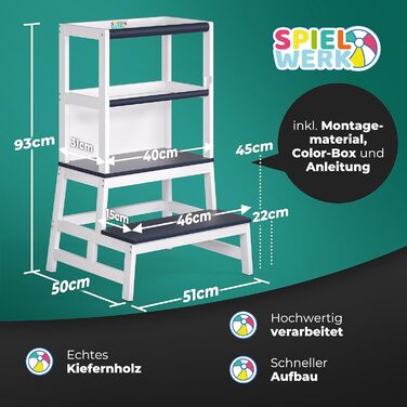 Spielwerk® Навчальний столик-сходинка для дітей від 2 років з дошкою, 100 кг, 93 см, Montessori, дерев'яний, 2-в-1, для кухні, білий