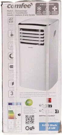 Мобільний кондиціонер Comfee MPPH-09CRN7, 9000 BTU 2,6 кВт, охолодження, вентиляція та осушення, площа приміщення до 88 м (33), мобільний кондиціонер зі шлангом для відпрацьованого повітря 09K-33m-A