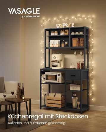 Стелаж кухонний VASAGLE з розетками, 40 x 100 x 180,4 см, з регульованими полицями, ящик з тканини, 12 гачків, антрацит-чорний, KKS027B02