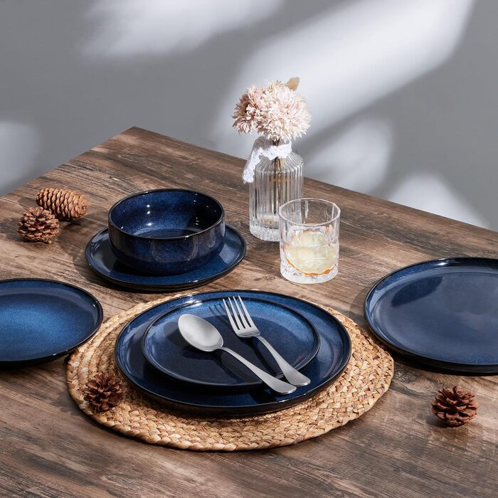 Набір посуду Joyfair на 6 осіб (18 предметів) з кераміки, блакитного кольору. Тарілки, миски, глибокі тарілки. Для мікрохвильовки та посудомийної машини.