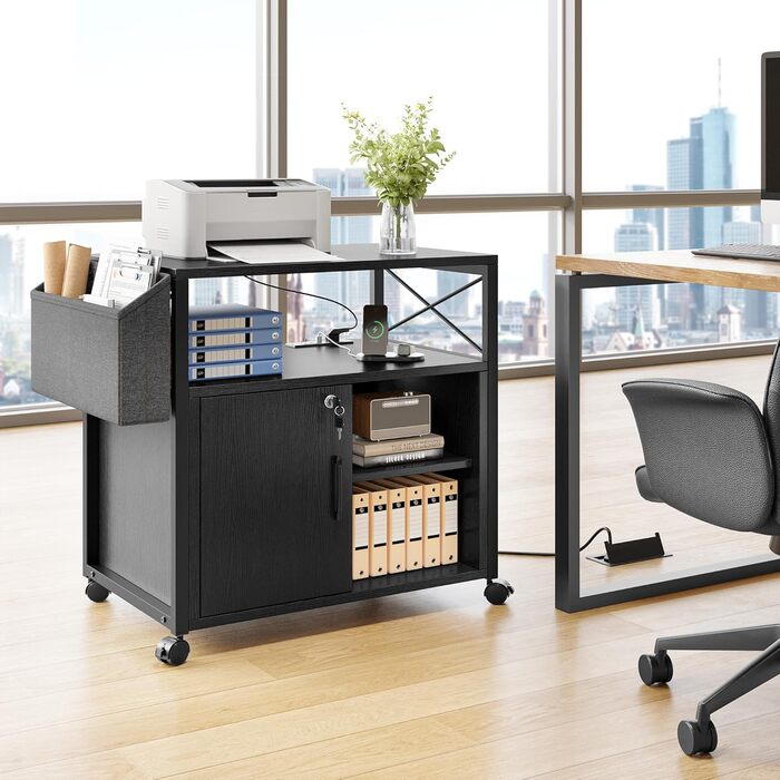 Підставка для принтера YITAHOME з розетками, роликова, з полицею та кишенями, з замком, для дому/офісу, чорна