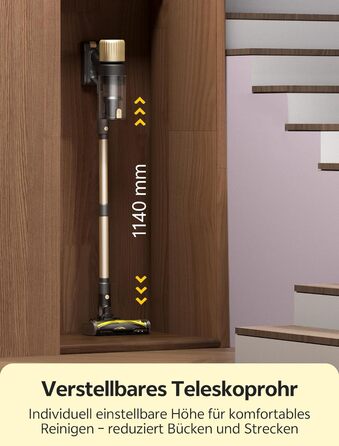 Бездротовий пилосос Ultenic з акумулятором, 50000Pa, 65 хв роботи, GreenEye, телескопічна труба, 6-ступенева фільтрація, антизаплутувальна щітка, для шерсті тварин/килимів/твердих поверхонь, колір шампань