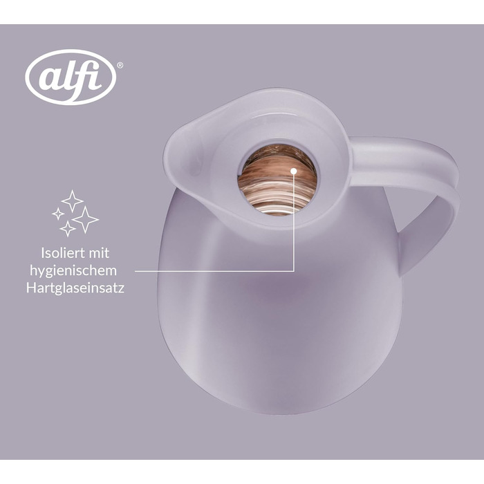 Термос Alfi ECO 1.0л з термоізоляційним скляним вкладишем, пластиковий, з поворотним клапаном та зручною кнопкою, для зручного наливання однією рукою, ідеальний для кави та чаю, BPA-Free, пастельно-ліловий