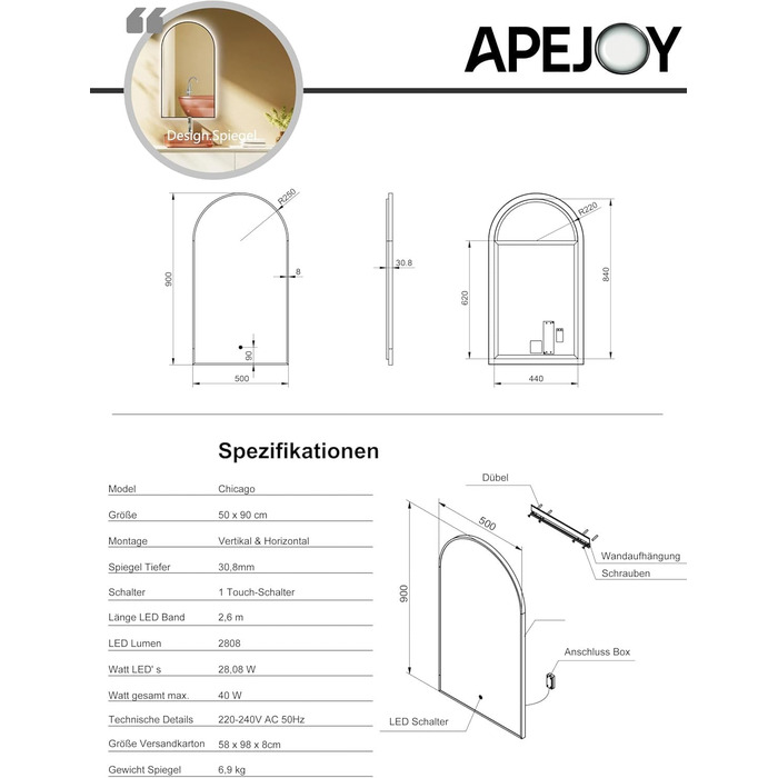 Дзеркало для ванної кімнати овальне з підсвічуванням 75x45 см, LED, з сенсорним вимикачем, зміна кольору світла (тепле/холодне/нейтральне), чорне