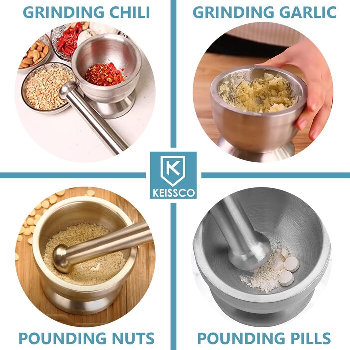 Набір ступки та пестика KEISSCO з нержавіючої сталі, важкий, для спецій, трав, пасти, з силіконовим кришкою