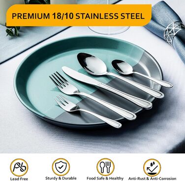 Набір столових приборів Velaze на 12 осіб (60 предметів) з нержавіючої сталі. Включає: 12 ножів, виделок, ложок, чайних ложок, виделок для тортів. Полірування, придатний для миття в посудомийній машині.