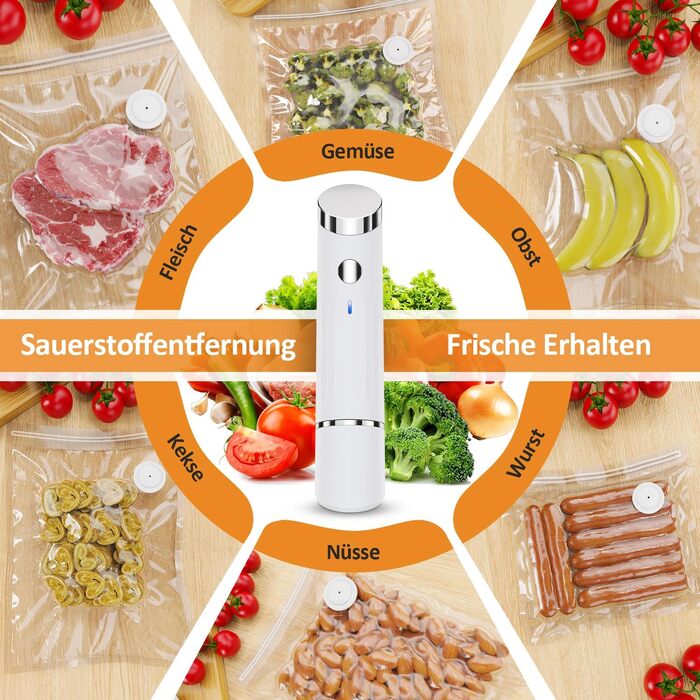 Вакууматор для продуктів харчування, компактний вакуумний пакувальник для безперервного використання з набором з 30 вакуумних пакетів