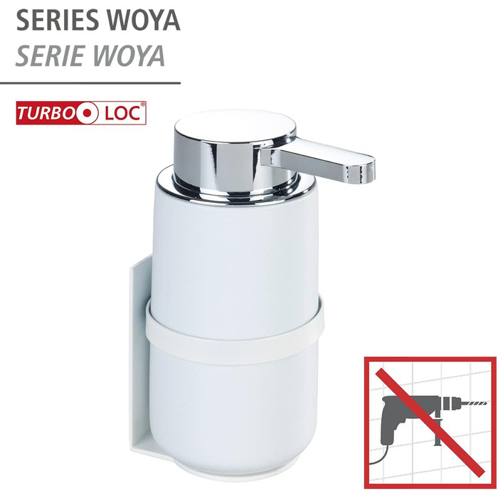 Настінний дозатор мила Woya, багаторазовий керамічний дозатор для рідкого мила, засобу для миття посуду або дезінфікуючого засобу до 250 мл, кріплення Turbo-Loc без свердління, 6,8 x 13 см, білий Білий/Хром/Білий