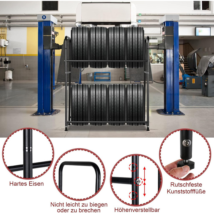 Стійка для шин на 8 шин, 107x46x117 см, для гаража. Місткість 180 кг, з захисною оболонкою. Регулювання висоти.