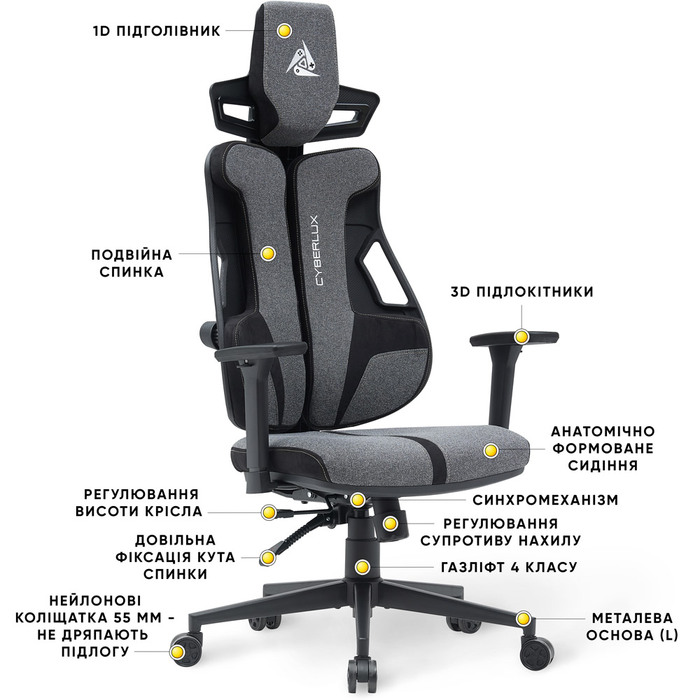 Геймерське крісло Cyberlux V8 Fabric Grey (арт. GM-V8 FG)