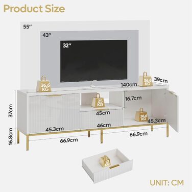 Тумба під ТВ Bestier для телевізора 55/60 дюймів, біла, з полицями для зберігання - сучасна медіа-консоль для вітальні та спальні