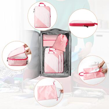 Набір компресійних органайзерів для подорожей AiQInu (5 шт.), ультралегкі сумки для пакування одягу в валізу з мішком для взуття та прання, рожеві