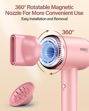 Іонний фен для волосся DEWILY з безщітковим двигуном 110,000 RPM, магнітним дифузором та 2 насадками, рожевий