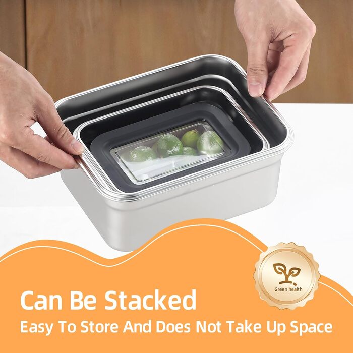 Набори контейнерів для їжі Misichao з нержавіючої сталі, герметичні, для кухні та комори, з можливістю штабелювання, багаторазові, об'єм 450 мл + 1100 мл + 2500 мл