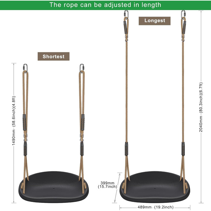 Дитяча гойдалка BeneLabel для дому та вулиці, міцна гума, регульоване положення 130-200 см, мотузка для підлітків/дорослих, зелений колір, 113 кг, комплект 2 шт.